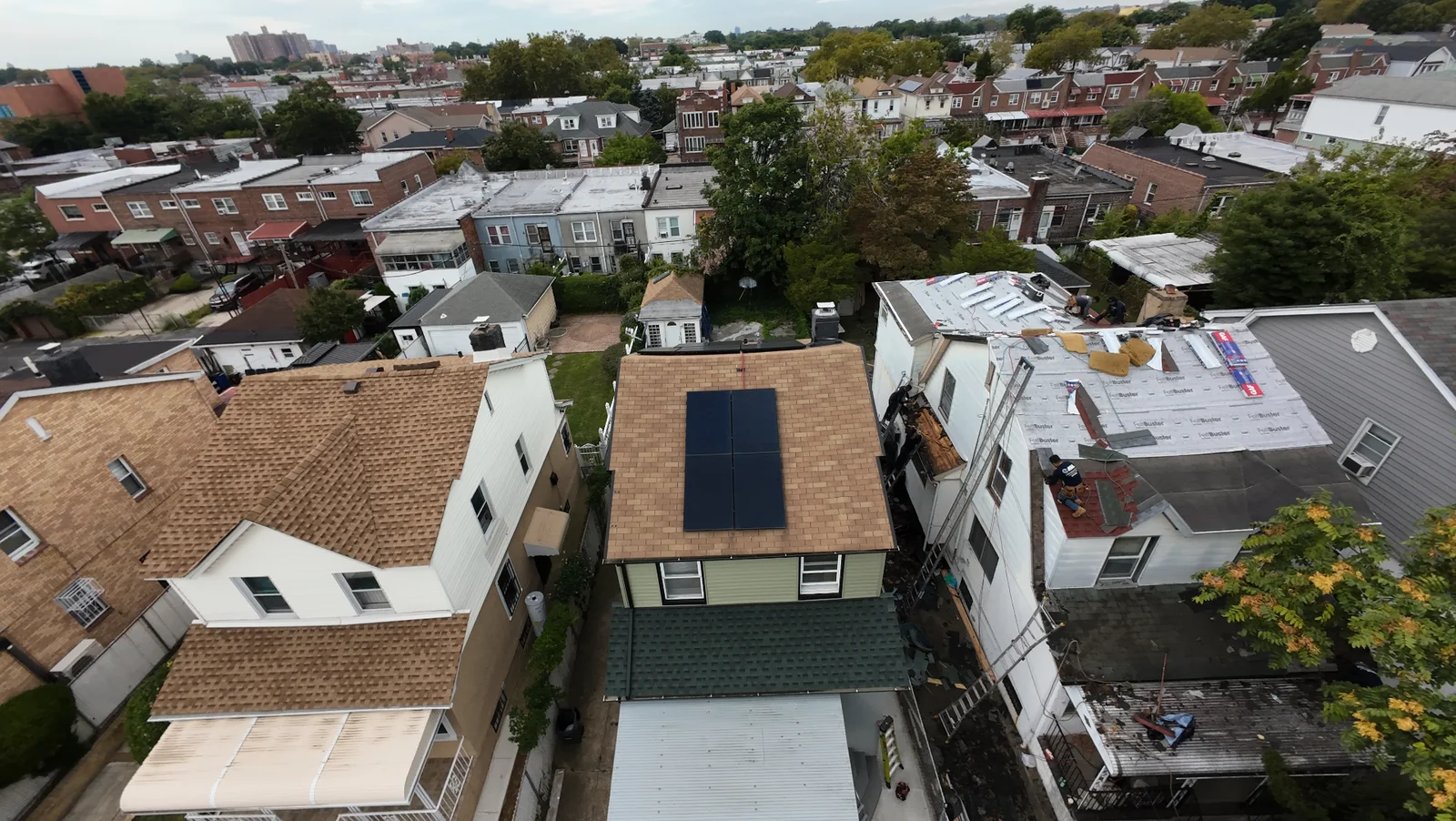 Aerial view of a Brooklyn residential solar system before removal for roof replacement.