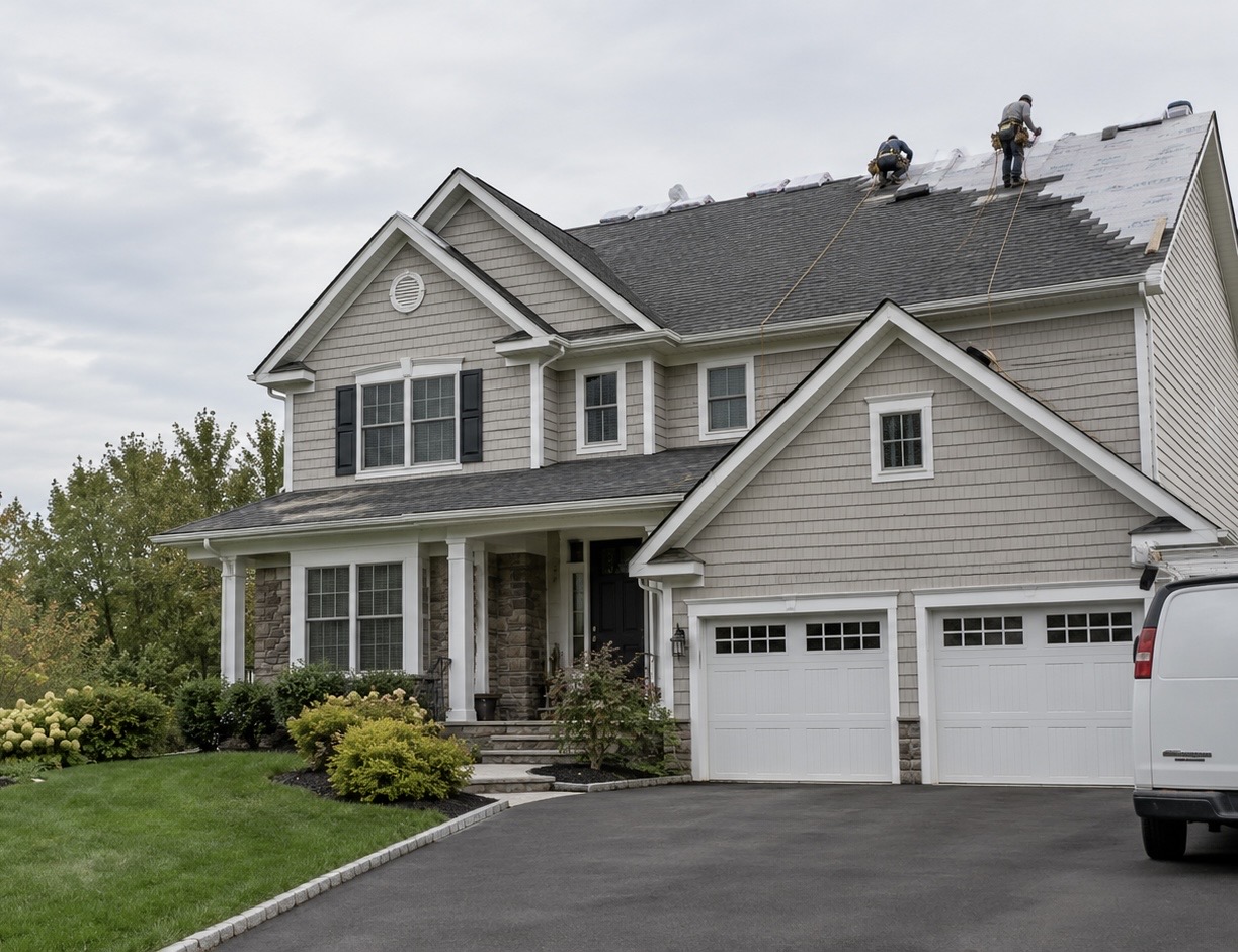 Roofing crew in safety harnesses replacing the shingle roof of a two-story New Jersey home