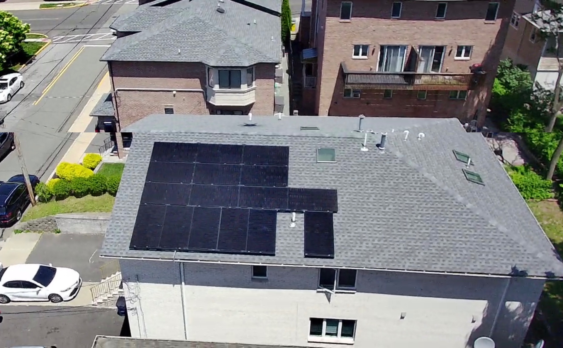 Aerial view of a 16 panel rooftop solar installation on a home in Elizabeth, New Jersey