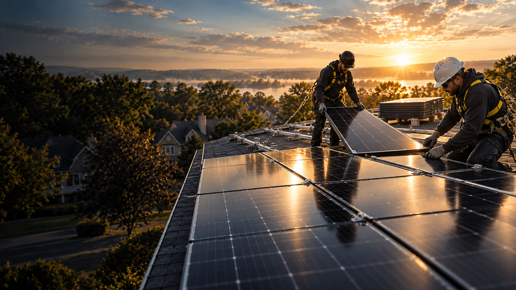 Solar technicians removing solar panels from a New Jersey roof at sunset