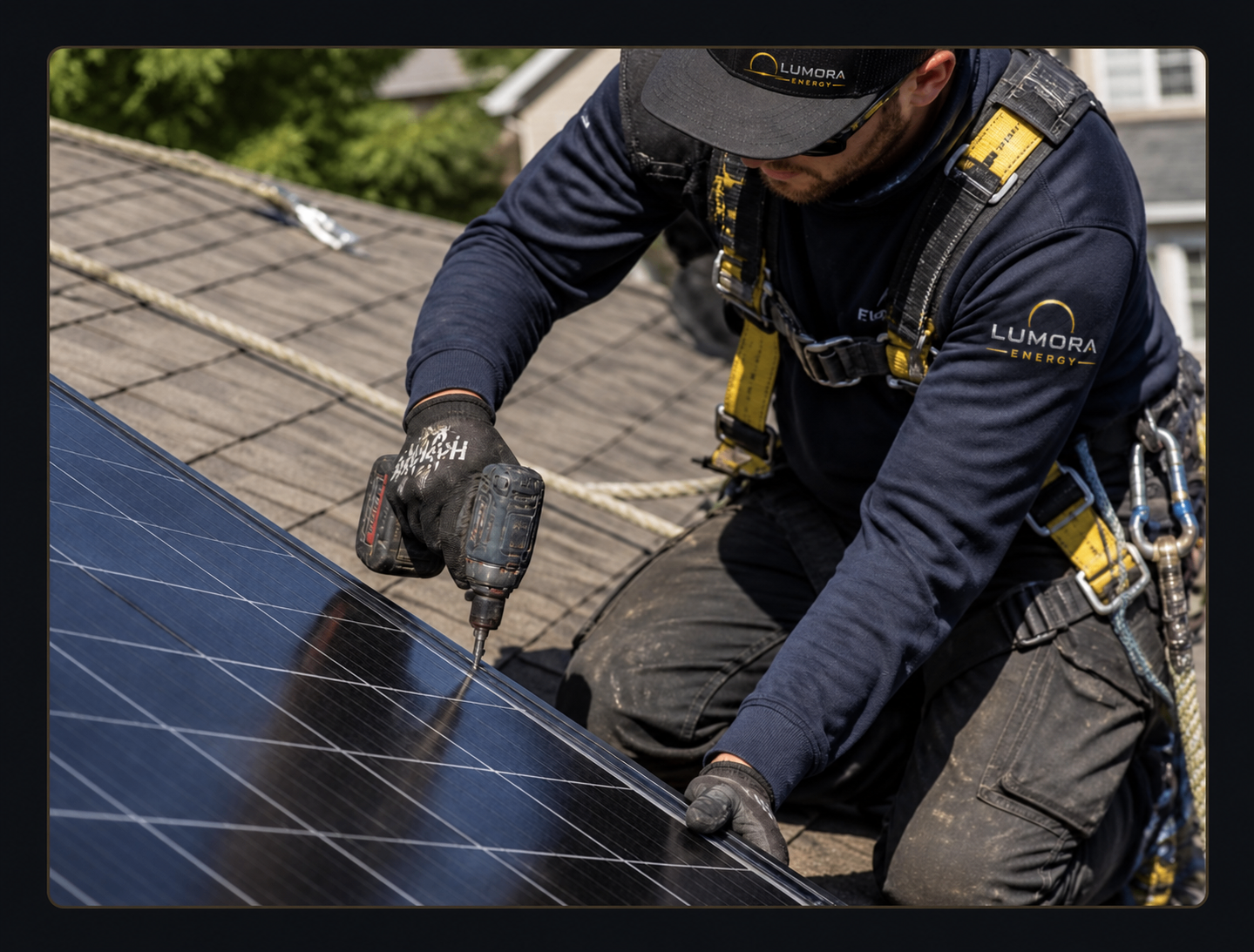Lumora Energy technician in branded safety gear working on a rooftop solar panel in Bergen County