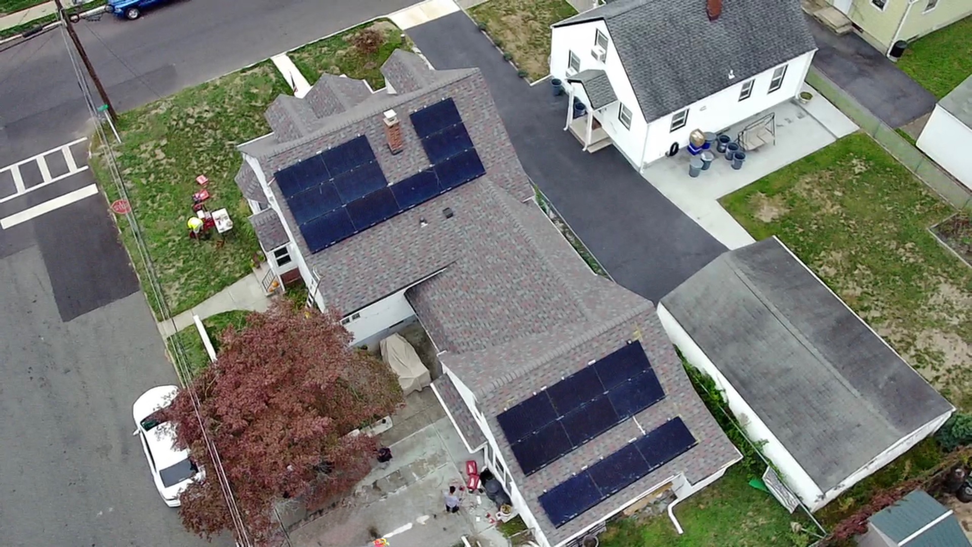 Aerial view of a 19 panel rooftop solar installation on a home in Sayreville, New Jersey