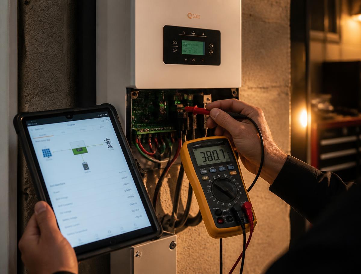 Technician diagnosing a solar inverter fault with a multimeter