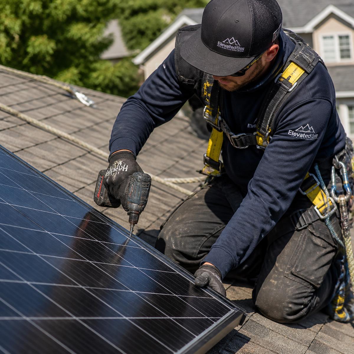 Lumora Energy technician removing a solar panel from a shingle roof